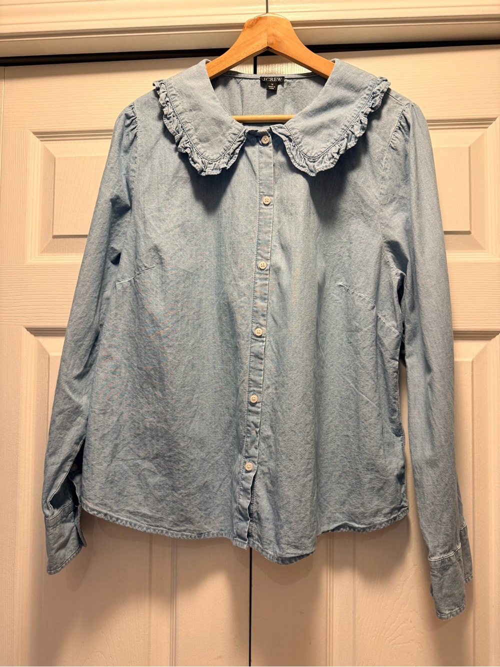 Light Blue Ruffled Collar Chambray Shirt - women